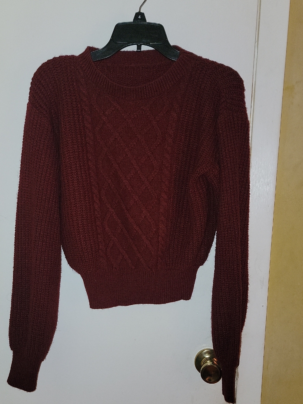 Crewneck Cable Knit Sweater in Deep Burgundy